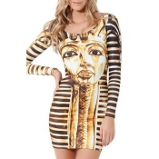 Golden Long Sleeve Egypt Queen Print Bodycon Dress