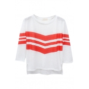 Stripe Half Sleeve High Low Hem Sheer Sweater