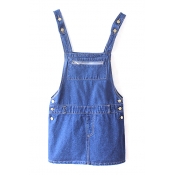 Blue Button Detail Zip Front Vintage Concise Denim Overall Dress