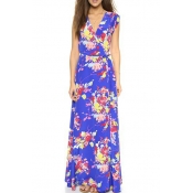 Blue V-Neck Cap Sleeve Floral Print Maxi Dress