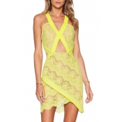 Yellow V-Neck Cutout Lace Sleeveless Wrap Dress