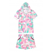 Camouflage Print Short Sleeve Hooded Top with Shorts