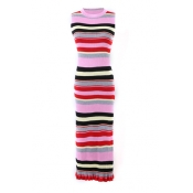 Colorful Print Round Neck Sleeveless Knitted Midi Dress