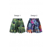 Stylish Floral and Peacock Feathers Print High Waist Culottes