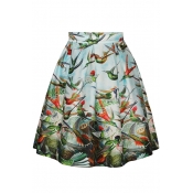 Birds Print High Waist A-Line Midi Skirt