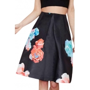 Black Background Floral Print Pleated Fitted Fit And Flare Skirt