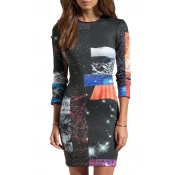 Black Long Sleeve Universe Print Midi T-Shirt Club Dress