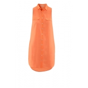 Orange Sleeveless Single-breasted Shirt Dress in Chiffon