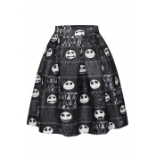 Black Skull Print Tie Dye A-Line Midi Skirt