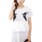 Swallows Print Round Neck Fitted T-Shirt