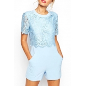Blue Lace Cover Short Sleeve Slim Rompers