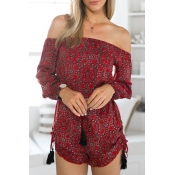 Sexy Red Ethnic Print Off The Shoulder Romper with Embellishment