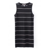 Black Striped Round Neck Sleeveless Fitted Knitted Dress