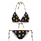 Black Emoji Print Halter with String Bikini Set