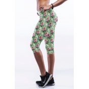 Green Rose Print Fitted Crop Workout Pants