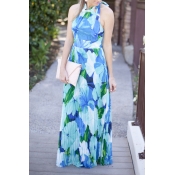 Blue Floral Print Halter Pleated Max Dress
