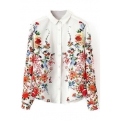 Red Floral and Birds Print Lapel Long Sleeve Shirt