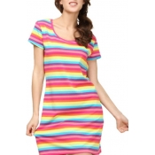 Colorful Striped Round Neck Short Sleeve Dress
