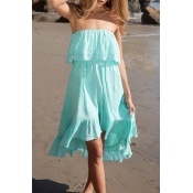 Plain Strapless Layer High Low Ruffled Beach Dress