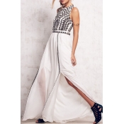 White Sleeveless Triangle Print Split Hem Max Dress