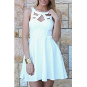 White Round Neck Sleeveless Lace Cutout Back Dress