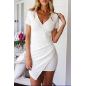 Plain V-Neck Short Sleeve Asymmetrical Hem Dress