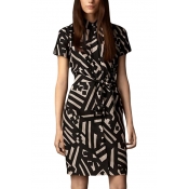 Geometric Print Lapel Short Sleeve Belted Dress