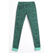 Green Texture Print Mid Waist Elastic Jeans