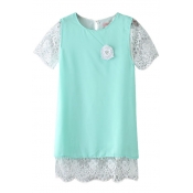 Embroidered Brooch Lace Inserted Short Sleeve Dress