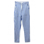 Blue Stripe Print Pocket Chiffon Pants