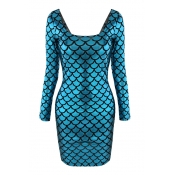 Blue Long Sleeve Square Neck Fish Print Bodycon Dress