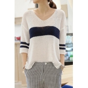 White V-Neck 3/4 Sleeve Loose Knitted Sweater
