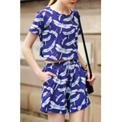 Blue Short Sleeve Dragonfly Print Top with Shorts