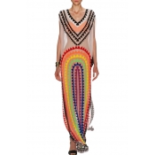 Multi Color V-Neck Sleeveless Sheer Max Dress