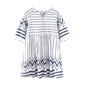 White Short Sleeve Stripe Curve V-Neck Babydoll Dress