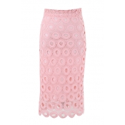 Pink Cutout Lace Crochet Fitted Midi Skirt