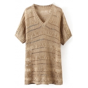 Plain V-Neck 3/4 Sleeve Cutout Striped Knitted Dress