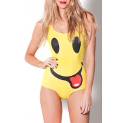 Yellow Smile Face Print One Piece Swimsuit