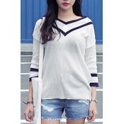 Striped V-Neck 3/4 Sleeve Knitted Sweater