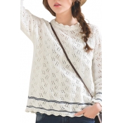 White Striped Cutout Long Sleeve Waved Hem Sweater