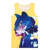 Yellow Sleeveless Cat Girl Print Tank