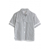 Stripe Print Lapel Short Sleeve Fake Pocket Shirt