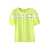 Yellow Beaded Appliqued Short Sleeve Cutout Top
