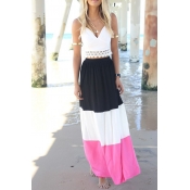 White Spaghetti Strap Crop Top with Color Block Maxi Skirt