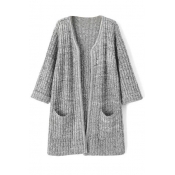 Gray 3/4 Length Sleeve Open Front Cardigan