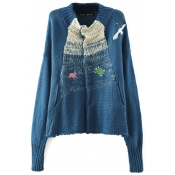 Long Sleeve Animal Embroidered Stand Up Collar Cardigan