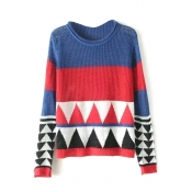 Geometric Print Round Neck Fitted Sweater