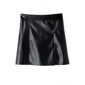 Plain High Waist Zip Back PU A-Line Mini Skirt