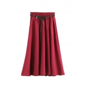 Plain Elasticated Belt Waist Pleated Maxi Skirt
