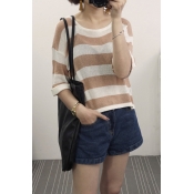 Striped Round Neck Half Sleeve Loose Knitted Sweater